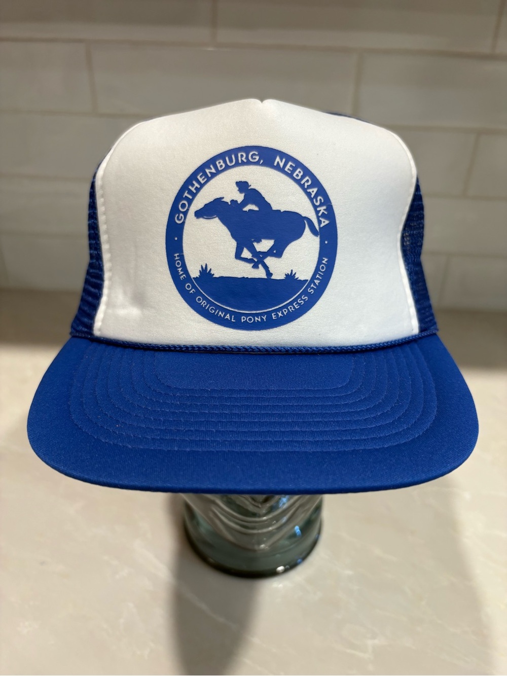 Vintage Nissin Gothenburg Nebraska Pony Express Station Rope Snapback Hat Blue